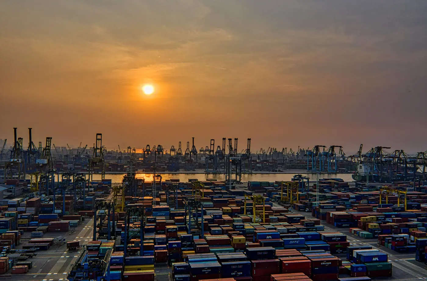 The container terminal at dusk